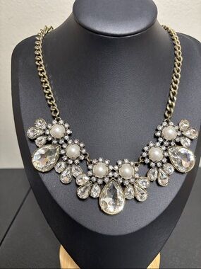 LOFT Gold-Tone Pearl & Clear Crystal Bib Necklace Statement